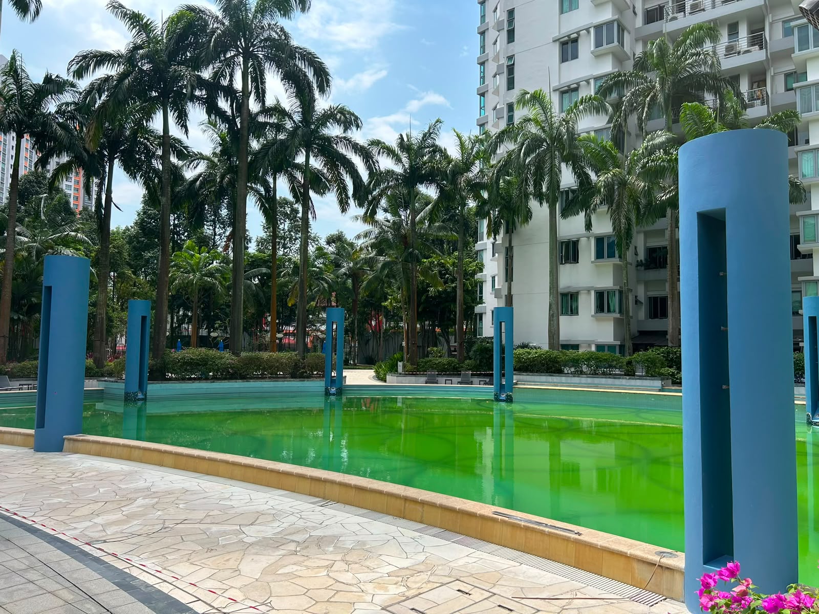 Completed condominium pool deck with feature columns